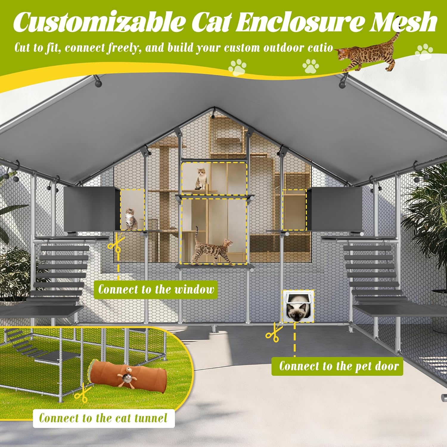 MAGIC UNION Extra Large Catio Outdoor Cat Enclosure for Multiple Cats, Walk-in Cat House Cage with Waterproof Cover, 6 Platforms, 2 Condos & 2 Bridges, Chicken Coop Run, Rabbit Hutch, Pointed Roof