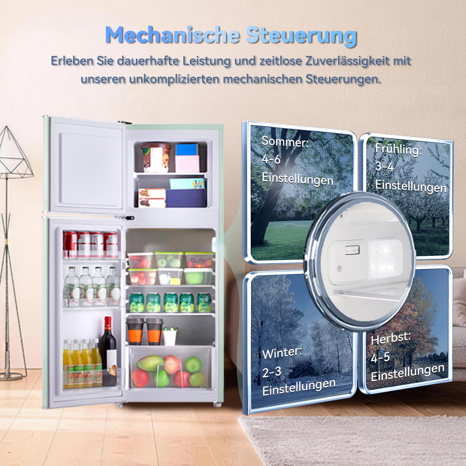 Magictec Retro Kühlschrank mit Gefrierfach 120L Low Frost Kühl Gefrier Kombination Vintage Design LED Beleuchtung Matcha-Grün