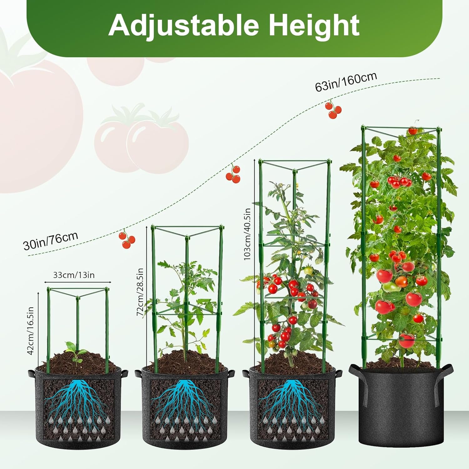 3 Pack Tomato Cage with 10 Gallon Grow Bags, 48" Height Adjustable Tomato Trellis with 65Ft Twist Tie, Heavy Duty Tomato Cages for Garden Flowers Vegetables Climbing Plants