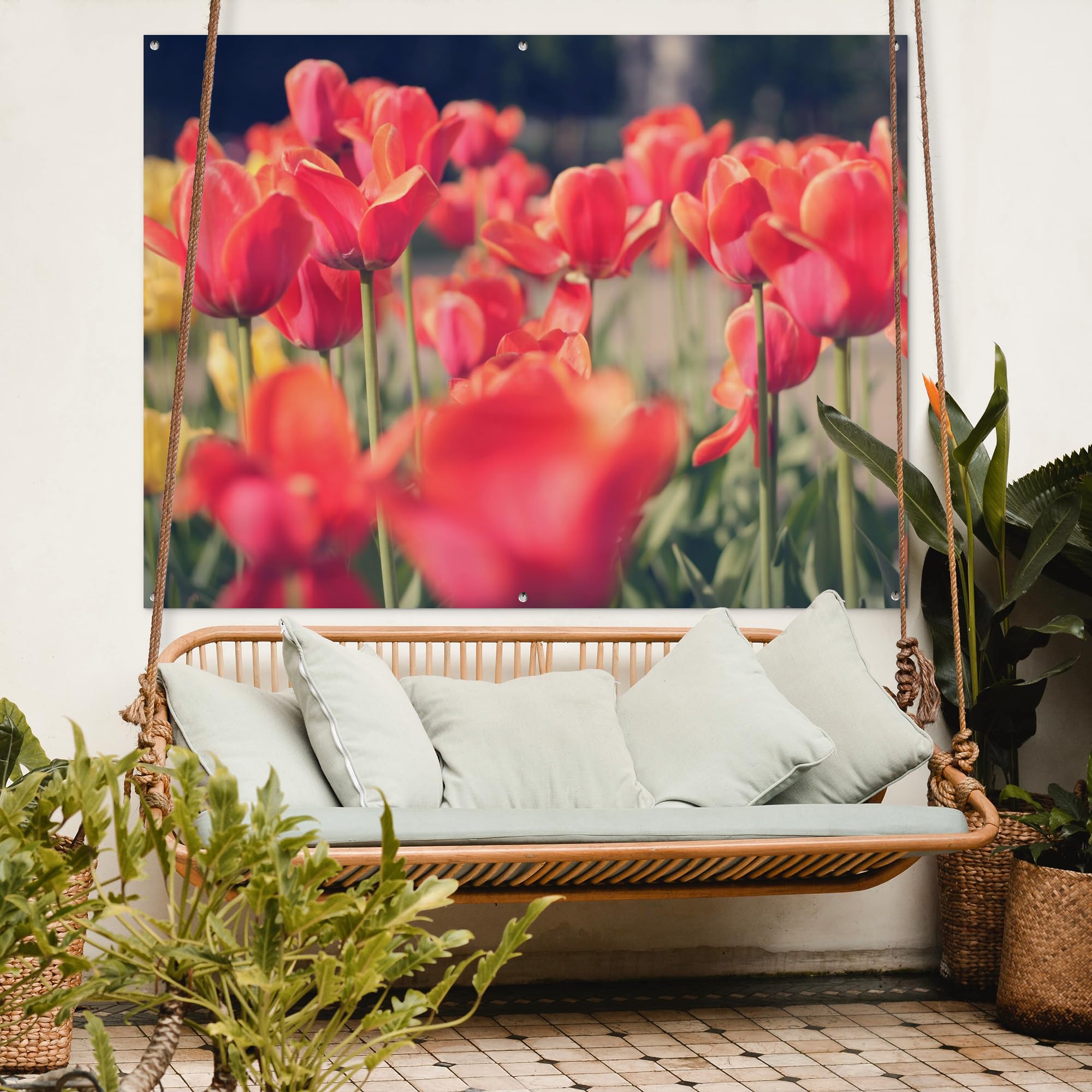 MuchoWow© Decoracion Jardin Exterior Decoración Pared Póster De Jardín | 160x120 cm - Balcón Wall Decoration Patio Posters Decorativos Terraza Tulipanes - Flores - Naturaleza