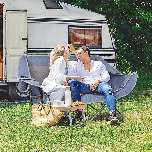 Miniatura 2 de Silla de campamento doble de capacidad de 700 libras para 2 adultos, sofá biplaza de bajo perfil para exteriores con portavasos XL y bolsillos de