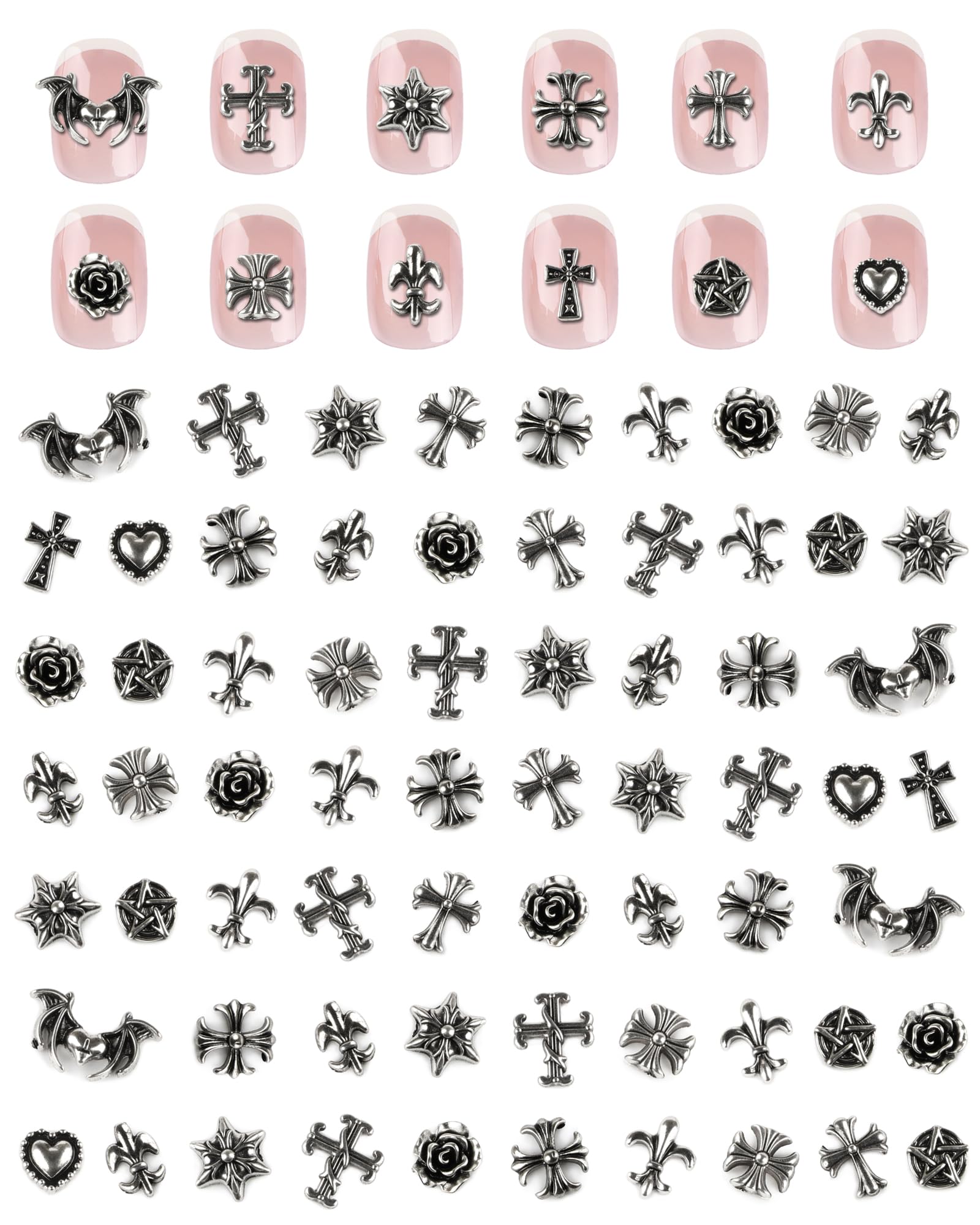 120 PCS Bijoux Ongles Nail Art Goth, Argent Deco Ongle Nail Art, Métal Croix Punk Vintage Gothique Decoration 3D, Charms Ongles pour Halloween,Manucure,DIY,Salons,Fêtes