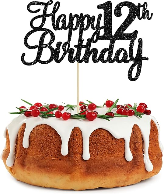 Gyufise 3Pcs Happy 12th Birthday Cake Topper Glitter Number 12 Twelve Years Old Birthday Cake Pick Decoration for Celebrating 12th Birthday Anniversary Party Supplies Black