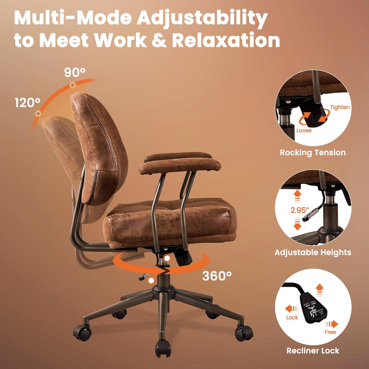 Brown Leather Home Office Chair, Mid Back Ergonomic Desk Chair with Lumbar Support, Mid Century Modern Deep Seat Swivel Rocking Computer Chair, Dark Brown Suede