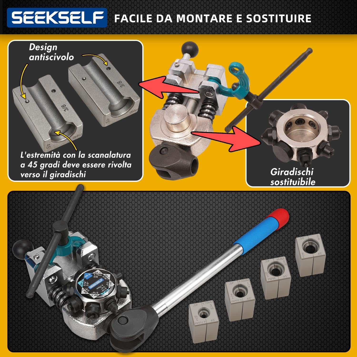 Strumento di Svasatura Tubi dei Freno Kit per Svasature Singole, Doppie e a Bolle da 45°, per Tubi Metallici in Acciaio e Rame da 3/16", 1/4", 5/16", 3/8" e 4,75 mm