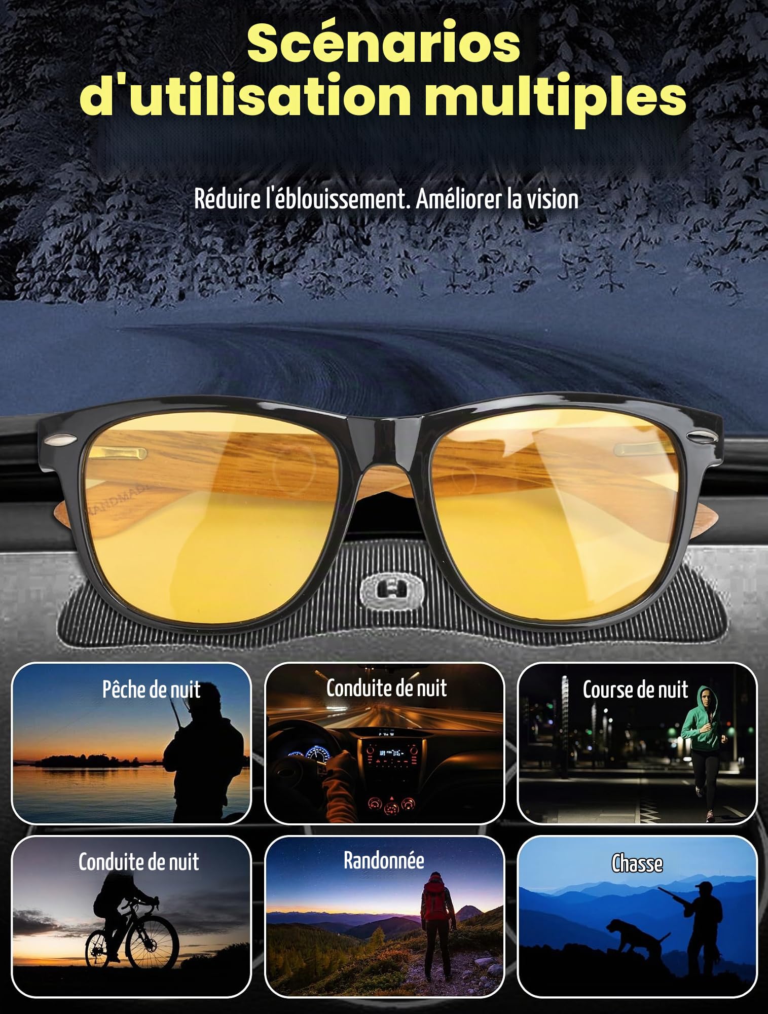 Lunettes en Bois Homme Femmes: Protection UV400, Conduite | Réduit l'Éblouissement des Phares pour Pluie Brouillard - Verres Jaunes - Non Polarisées