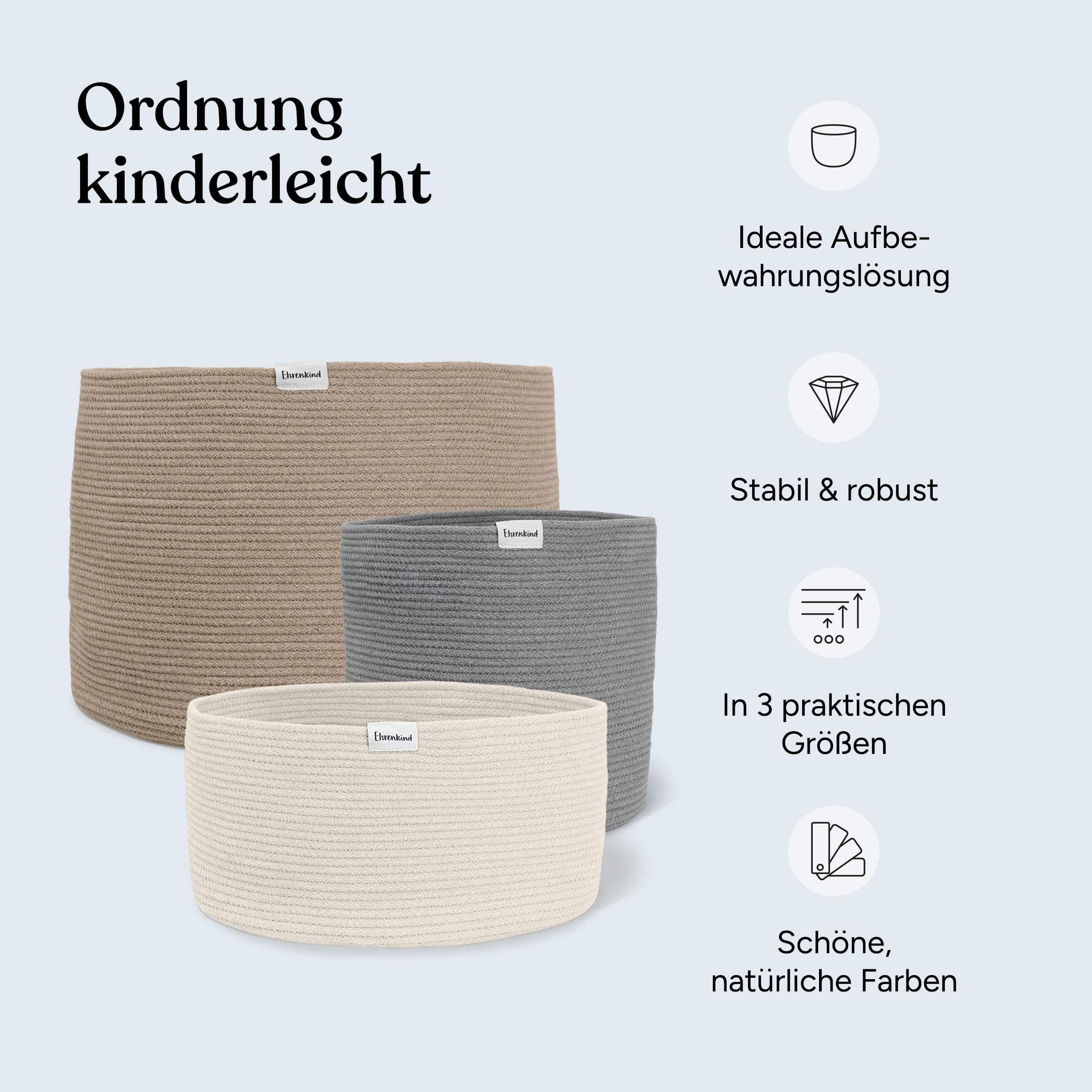 Ehrenkind® Aufbewahrungskorb – Spielzeugkorb für Kinder | In 3 Größen & Farben | Robustes Seilmaterial | Ideal als Wäschekorb oder Spielzeugaufbewahrung | 32x32 cm | Beige