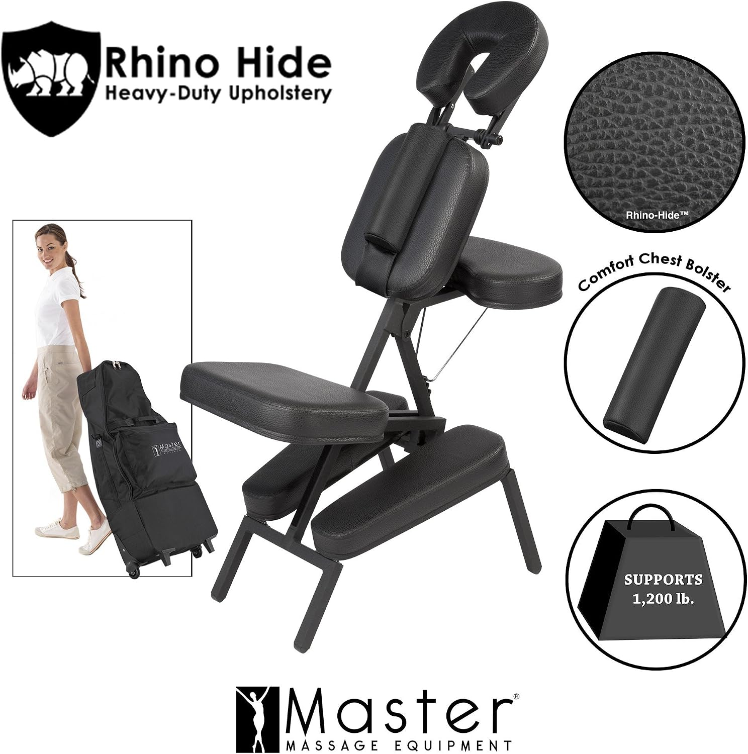 Master Massage Apollo Extra Large Size Portable Massage Chair-Lightweight Aluminum Tattoo Foldable-Sitting Posture Folding Massage Chair-with Larger Cushions and Wheels Bag-in Black