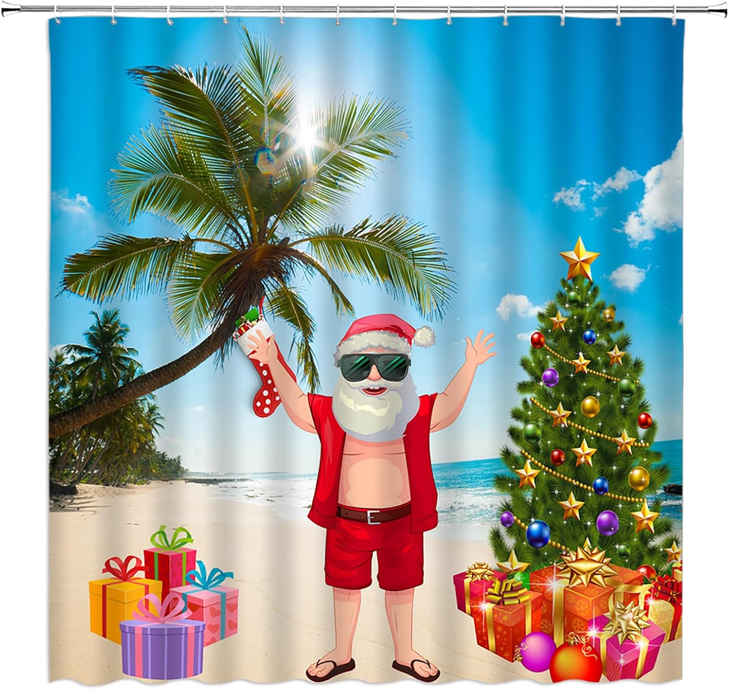 Christmas Santa Claus Shower Curtain Summer Beach Palm Xmas Tree Ocean Seaside Sunglasses Cool Funny 84" Wx70 H Fabric Bathroom Decor Curtain with Hooks