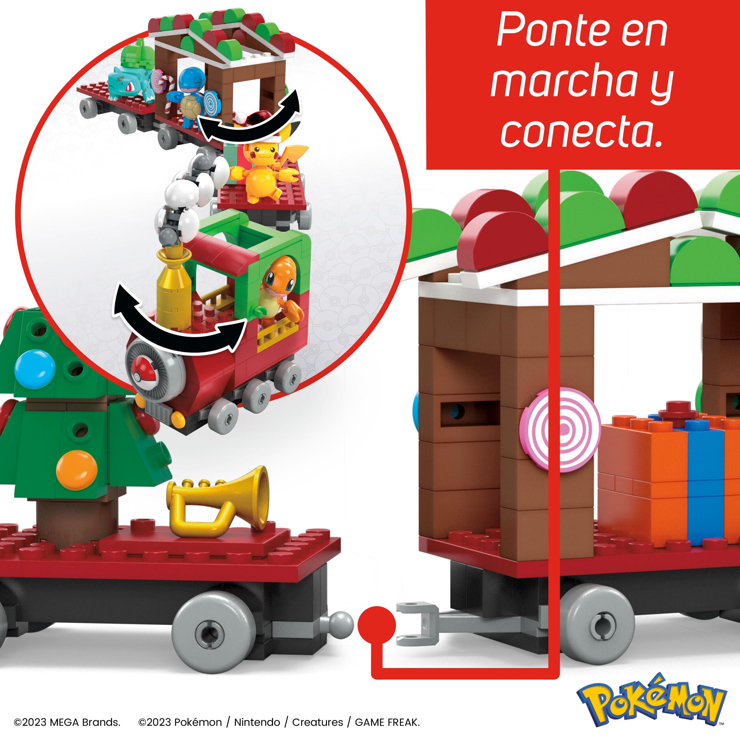 Mega Pokémon Tren Festivo Juguetes de construcción con 4 Figuras articuladas, 373 Piezas, Idea de Regalo para niños y niñas, HHP69