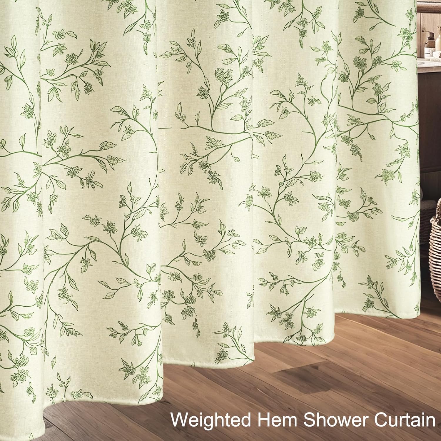 Green Floral Shower Curtain Linen, Twiggy Leaves Flower Shower Curtain for Bathroom 72x72, Luxury Farmhouse Chic Bathroom Décor