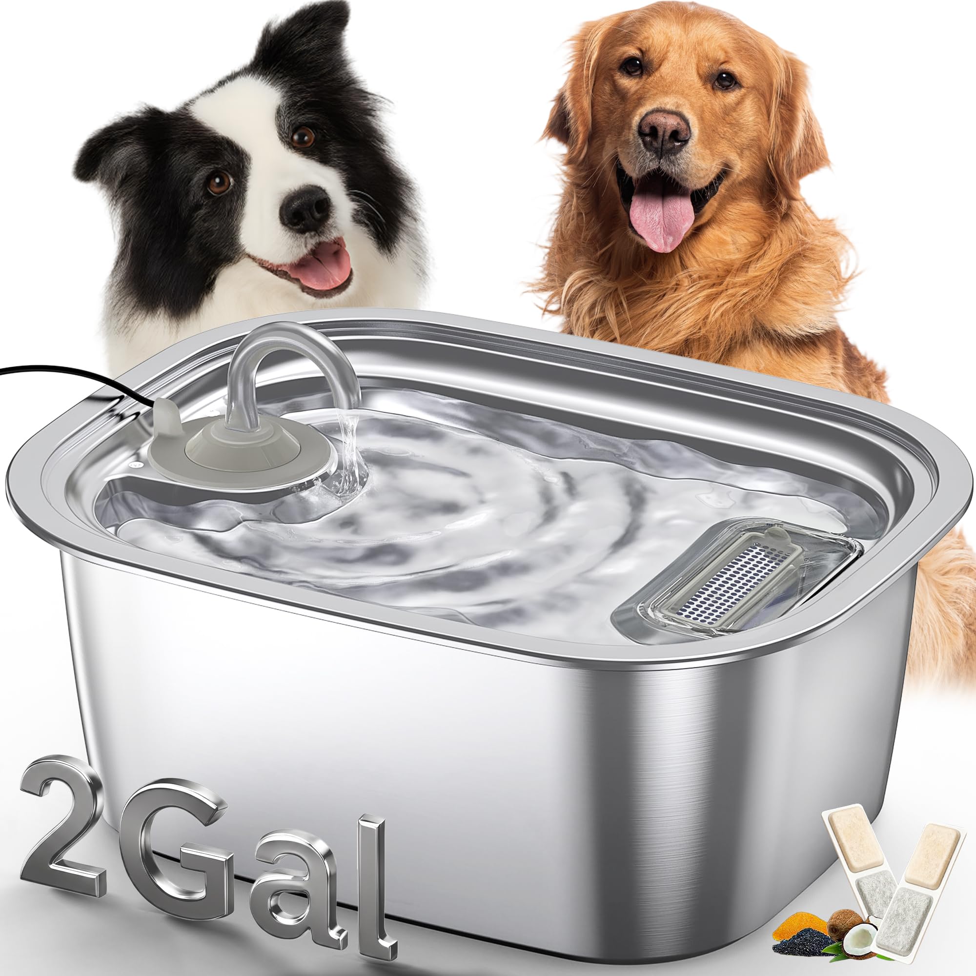 2.06 Gallon Stainless Steel Dog Water Fountain for Large Dogs, 7.8L Automatic Dog Water Bowl with Top-Fill Water Level Window, Quiet Pump and 2 Filters