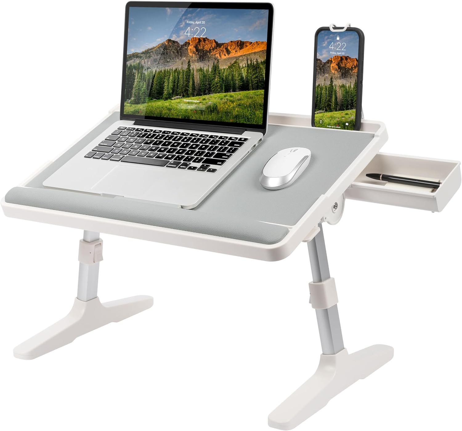 LAPGEAR Easy Tilt Leather Laptop Bed Desk with Adjustable Legs, Wrist Rest, Media Slot, and Built-in Storage - Gray - Fits up to 17 Inch Laptops - Style No. 78505