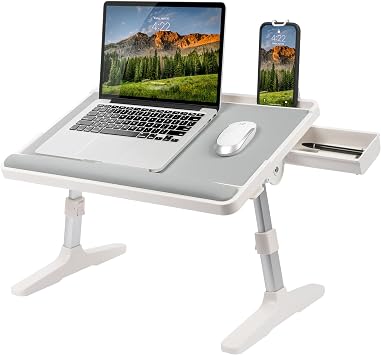 LAPGEAR Easy Tilt Leather Laptop Bed Desk with Adjustable Legs, Wrist Rest, Media Slot, and Built-in Storage - Gray - Fits up to 17.3 Inch Laptops - Style No. 78505