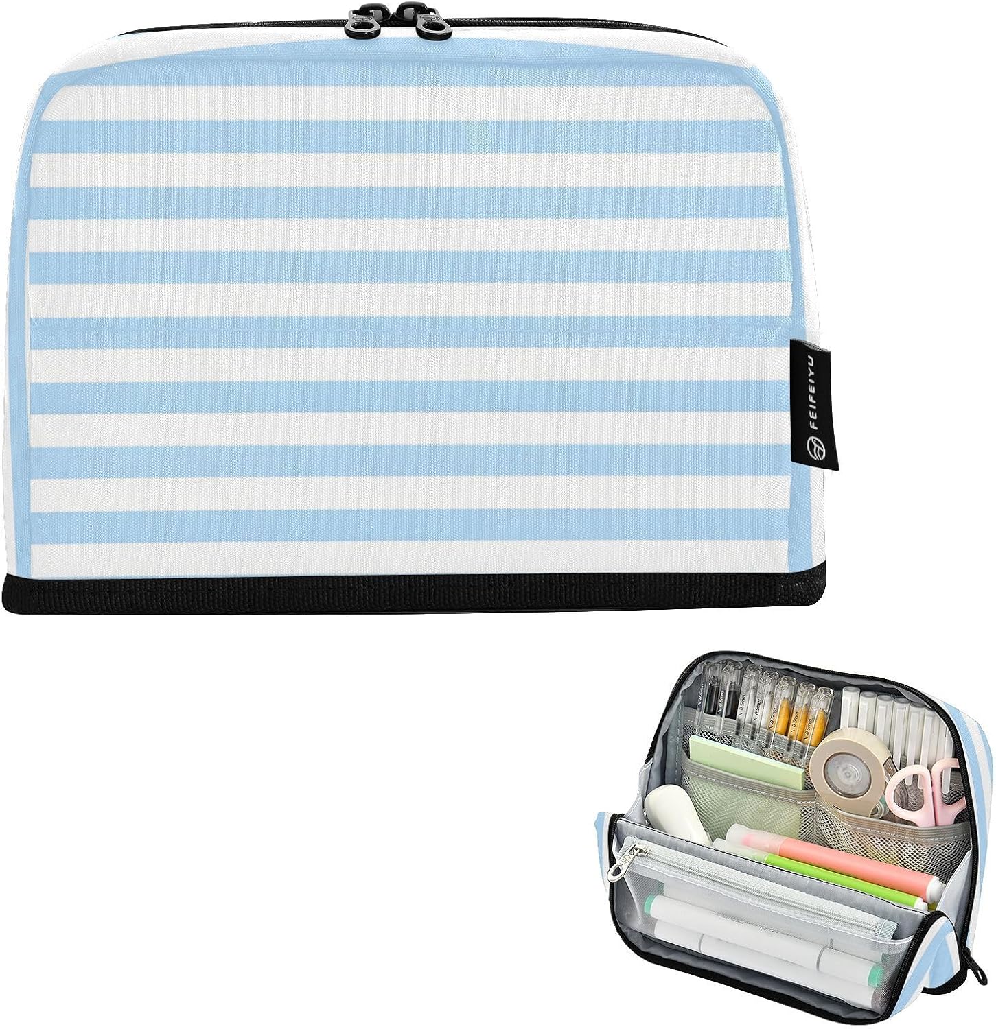 Kcldeci Standing Pencil Case Large Capacity Zippered Pen Pouch,Blue White Stripe (1) Pencil Bag for Girls Boys Office School