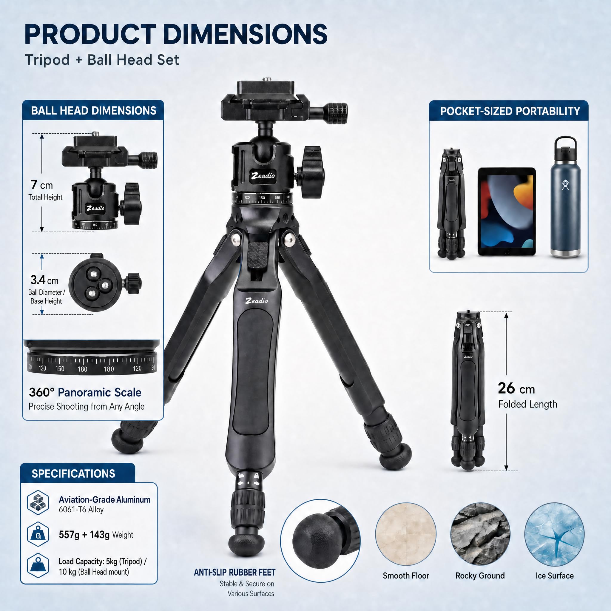 Zeadio Kamera-Stativ-Set, 3-stufig höhenverstellbares Stativ mit Arca-Kugelkopf, Handy-Ständer und Action-Kamera-Adapter, perfekt für Aufnahmen, YouTube, Filmen, Vlogs usw
