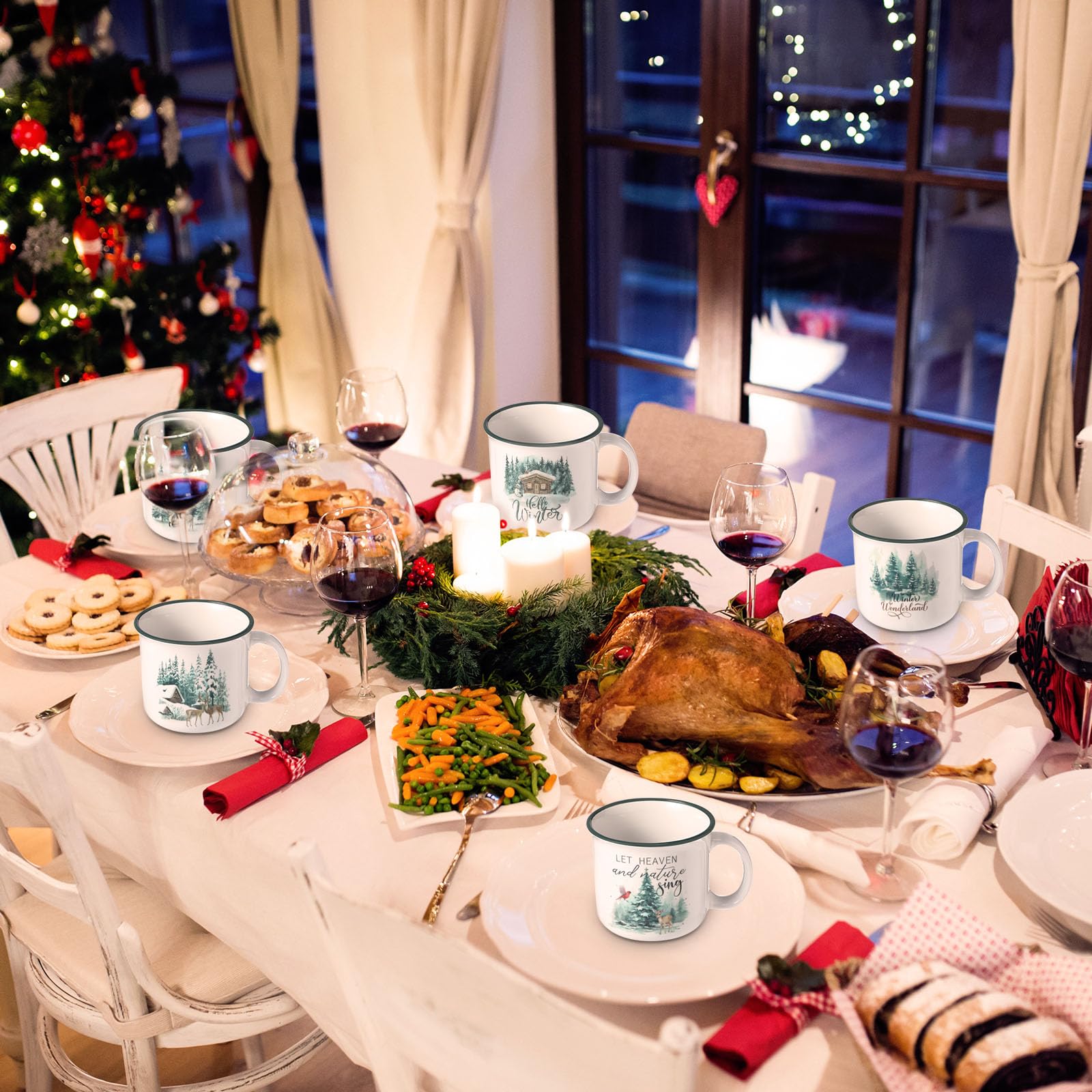 Pickmesh Juego de 6 tazas de café de cerámica de Navidad de 14 onzas, tazas de Navidad con asa, tazas de Navidad esmaltadas para invierno, regalo de Navidad, suministros de fiesta de Navidad