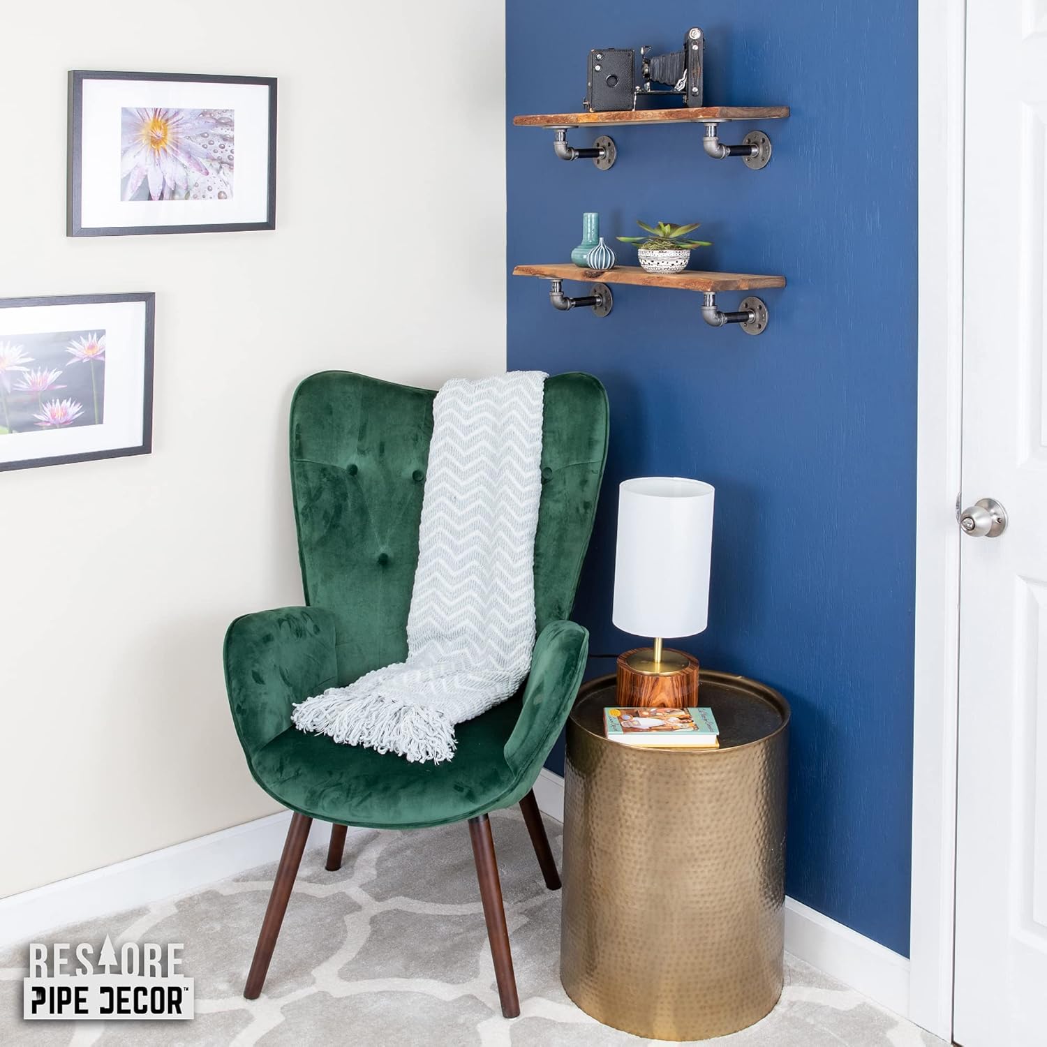 PIPE DECOR 24” Trail Brown Live Edge Wood Shelf with Industrial L-Shaped Pipe Brackets (2-Pack)