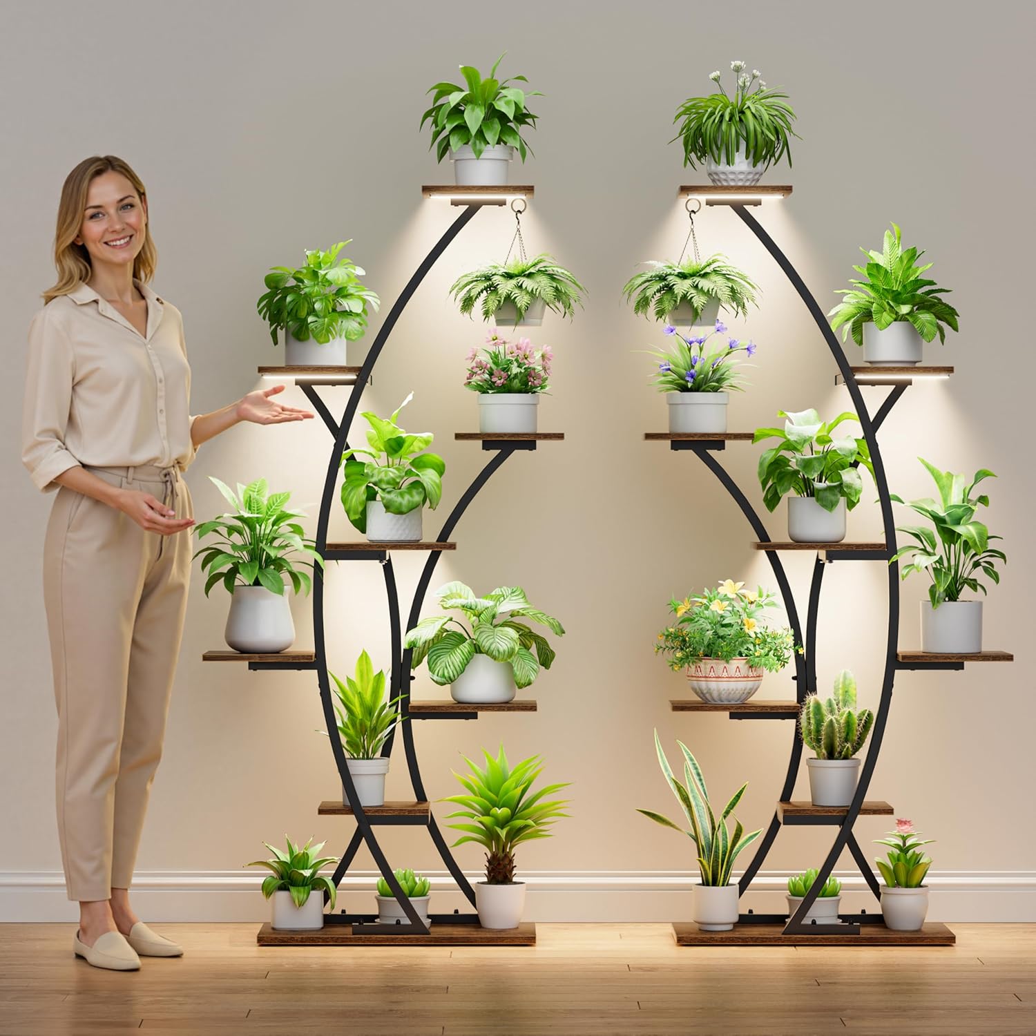 Plant Stand Indoor with Grow Lights: 64" 2 Pack Large Plant Stands, 8 Tiered Curved Plant Shelf for Indoor Plants Multiple, Tall Lighted Corner Display Stands, Flower Holder for Living Room, Patio