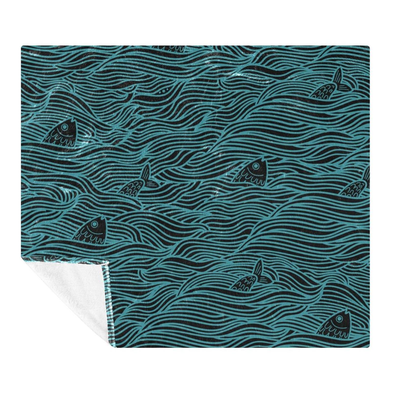 Couverture polaire en microfibre légère plaid motif vague de poisson bleu