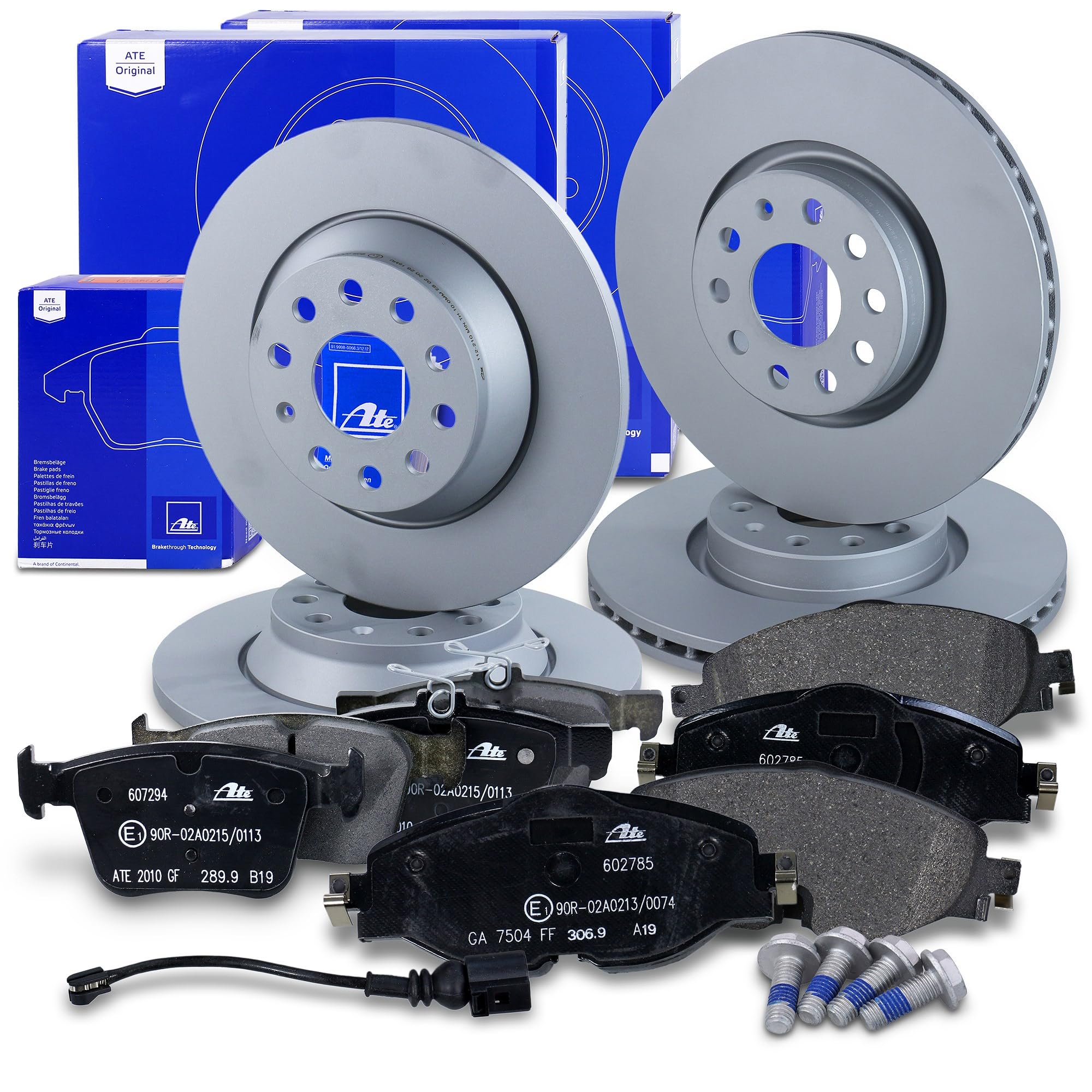 ATE Bremsenset inkl. Bremsscheiben vorne Ø 312 mm belüftet + hinten Ø 300 mm voll und Bremsbeläge vorne + hinten und Warnkontakt Kompatibel mit AUDI A3, SEAT, SKODA, VW GOLF, PASSAT, TIGUAN, TOURAN