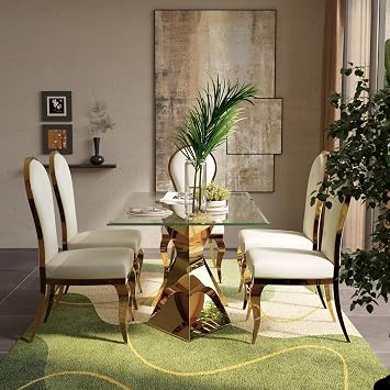 5 Piece Glass Dining Table Set, 63 Inch Gold Dining Room Table with 4 White Leather Upholstered Dining Chairs, Stylish Kitchen Dining Room Set for 6