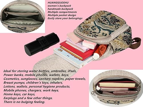 Vista 128 de HUANGGUOSHU Mujer de algodón tejido bohemio cáñamo Boho lona bordado múltiples bolsillos retro linda mochila cartera mochila mochila gato caprichoso