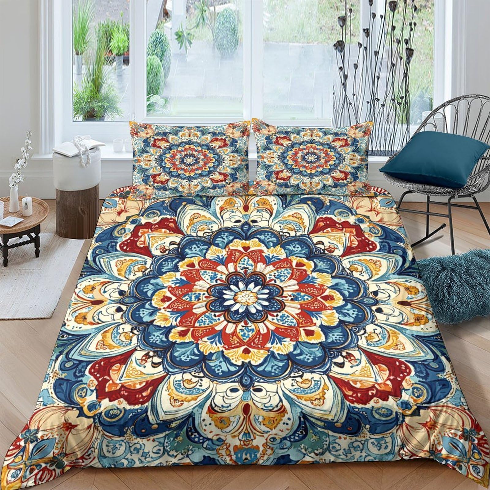 GPLZQXKJNH 3D Printed Mandala Floral Duvet Cover Microfiber Soft Breathable Bohemian Bedding Set with 2 Pillowcases for Bedroom Single（135x200cm）
