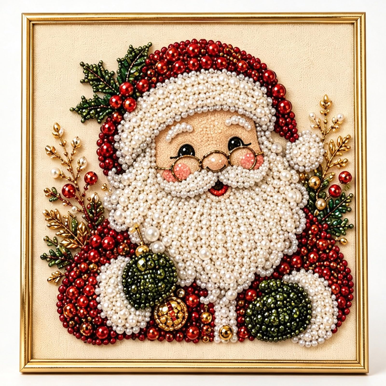 DIY Christmas Pearl Diamond Painting Art Kit with Frame, Christmas Pearl Beads Art Craft for Adults Beginner, Gemstone Diamond Dots Beads for Home Wall Decor, Healing Stress-Relieving（Santa）
