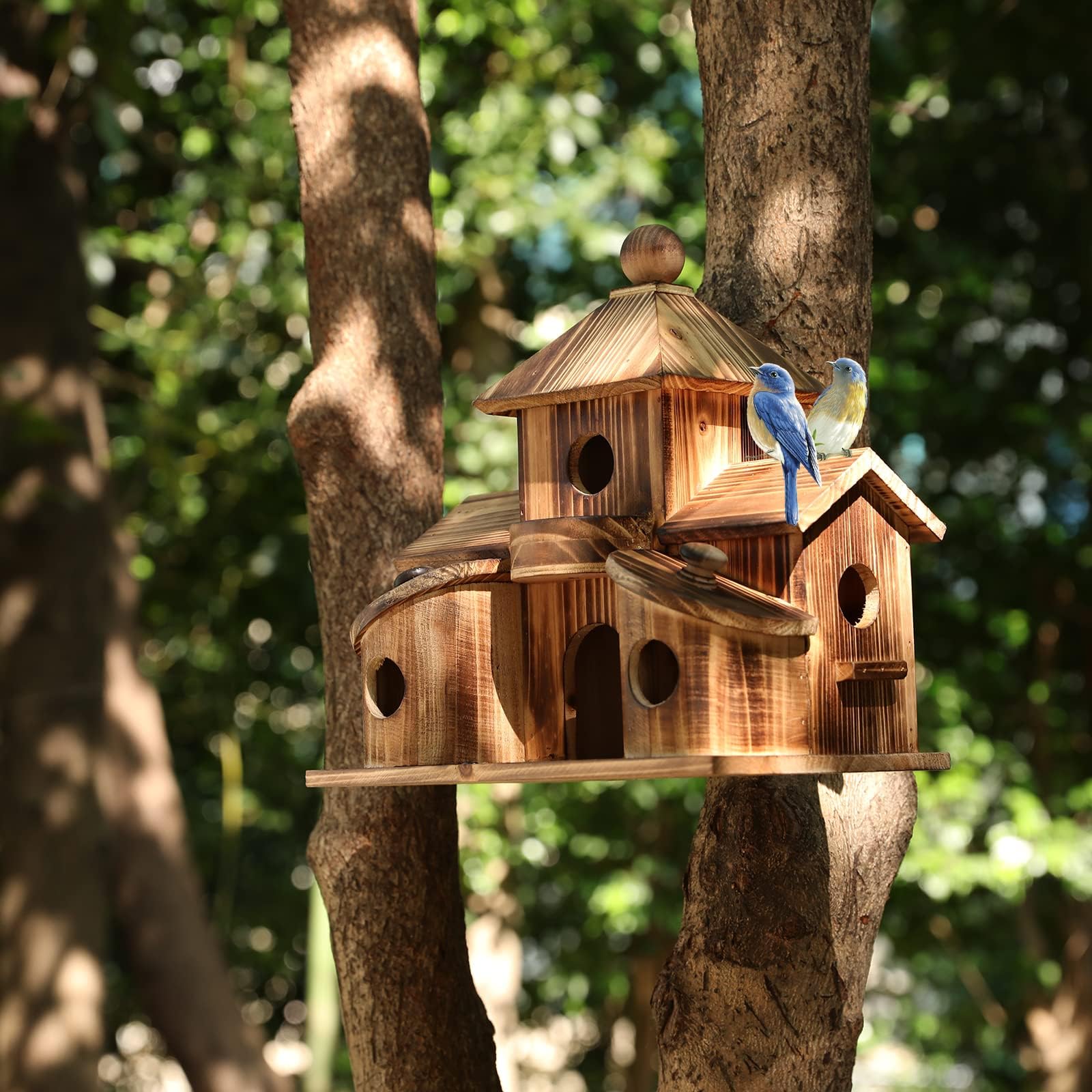 Casa para pájaros y comedero para pájaros 2 en 1. Casa para pájaros para exteriores, casa de colibrí con 6 agujeros, cardenales de pinzón azul para colgar casa de pájaros grande, caja de anidación