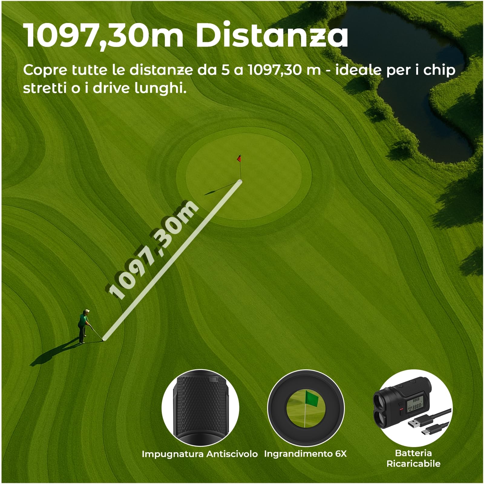 Telemetro Golf 1097M con Pendenza e Blocco Bandiera di WanderS – Telemetro Laser USB-C Ricaricabile, Vibrazione, Ingrandimento 6X, Modalità Torneo, Display Laterale – Accessorio Golf Uomo