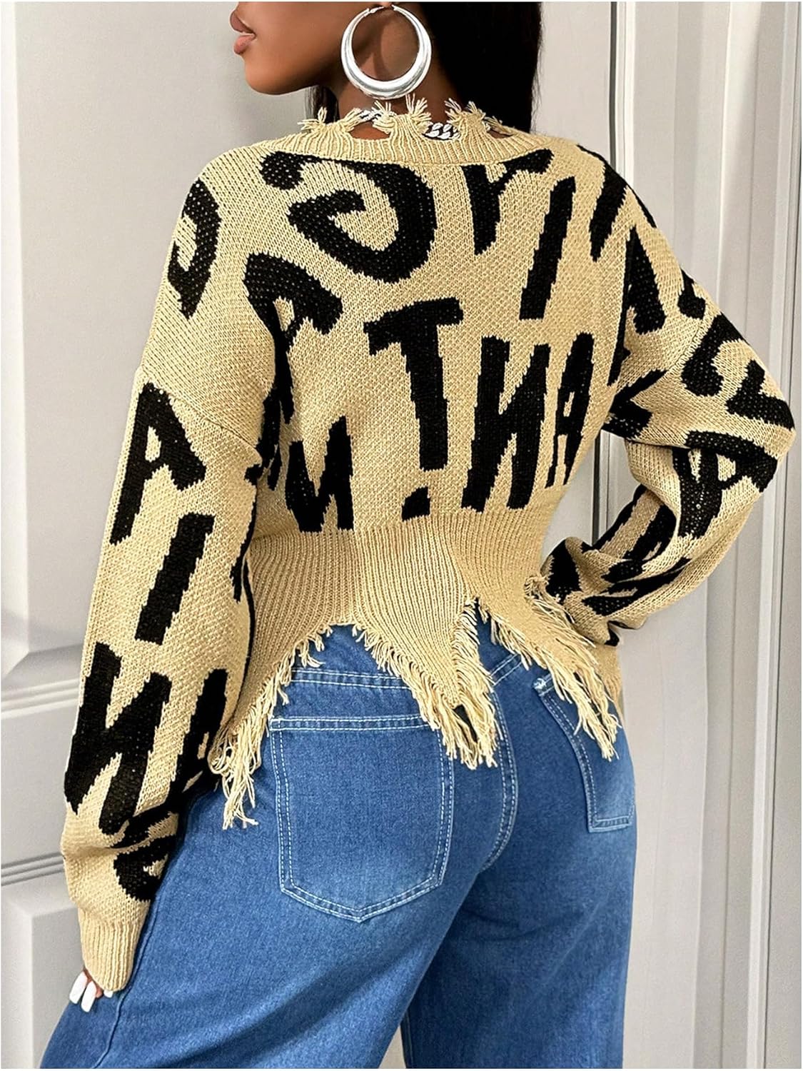 Women's Ripped Cropped Sweaters Letter Graphic Pullover Sweaters Y2k Streetwear Tops - Image 2