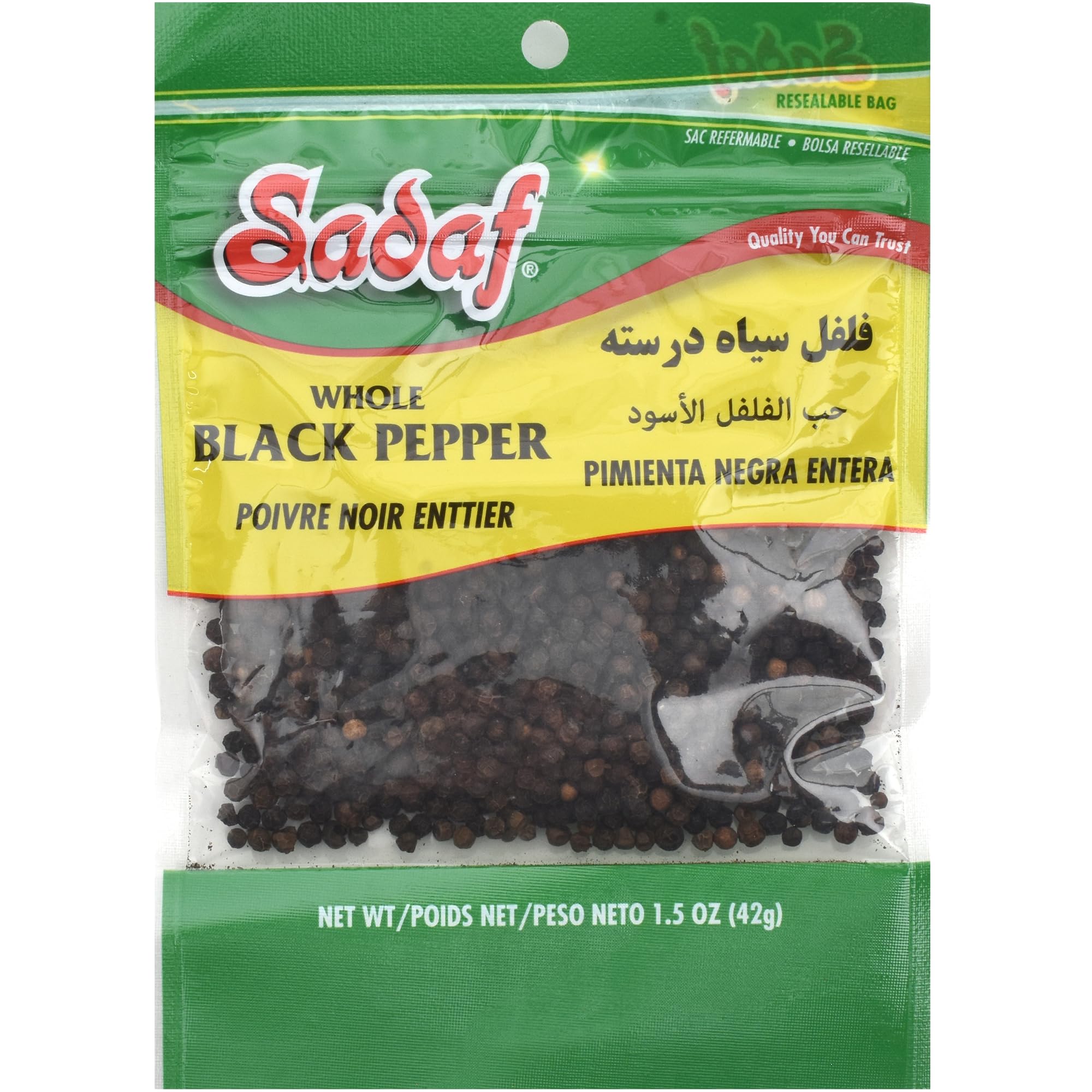 Sadaf Black Pepper Whole - Whole Black Peppercorns for Cooking and Food Seasoning - Whole Black Pepper Spice - Kosher - 1.5 Oz Resealable Bag