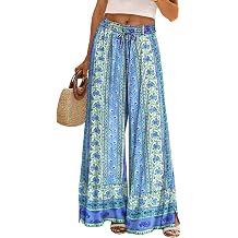 YESNO Women Summer Flowy Wide Leg Pants Drawstring Elastic Waist Casual Lounge Beach Palazzo Trouser with Pockets PPR