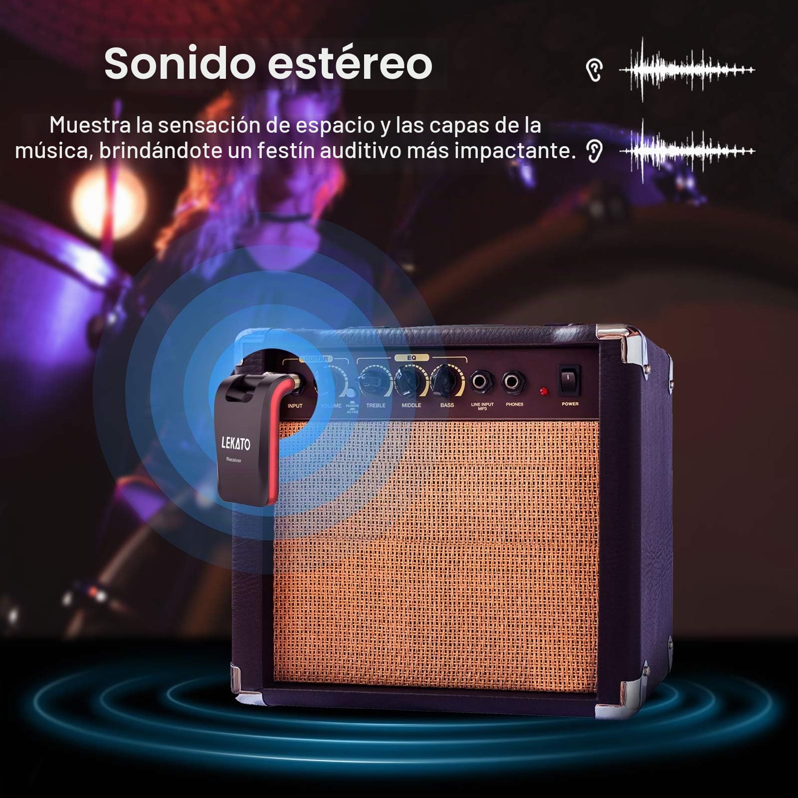 LEKATO Stereo 2.4Ghz Sistema de guitarra inalámbrico digital para instrumentos musicales de sonido mono/estéreo, Transmitter Receiver recargable con enchufes de 1/4 "y 1/8"