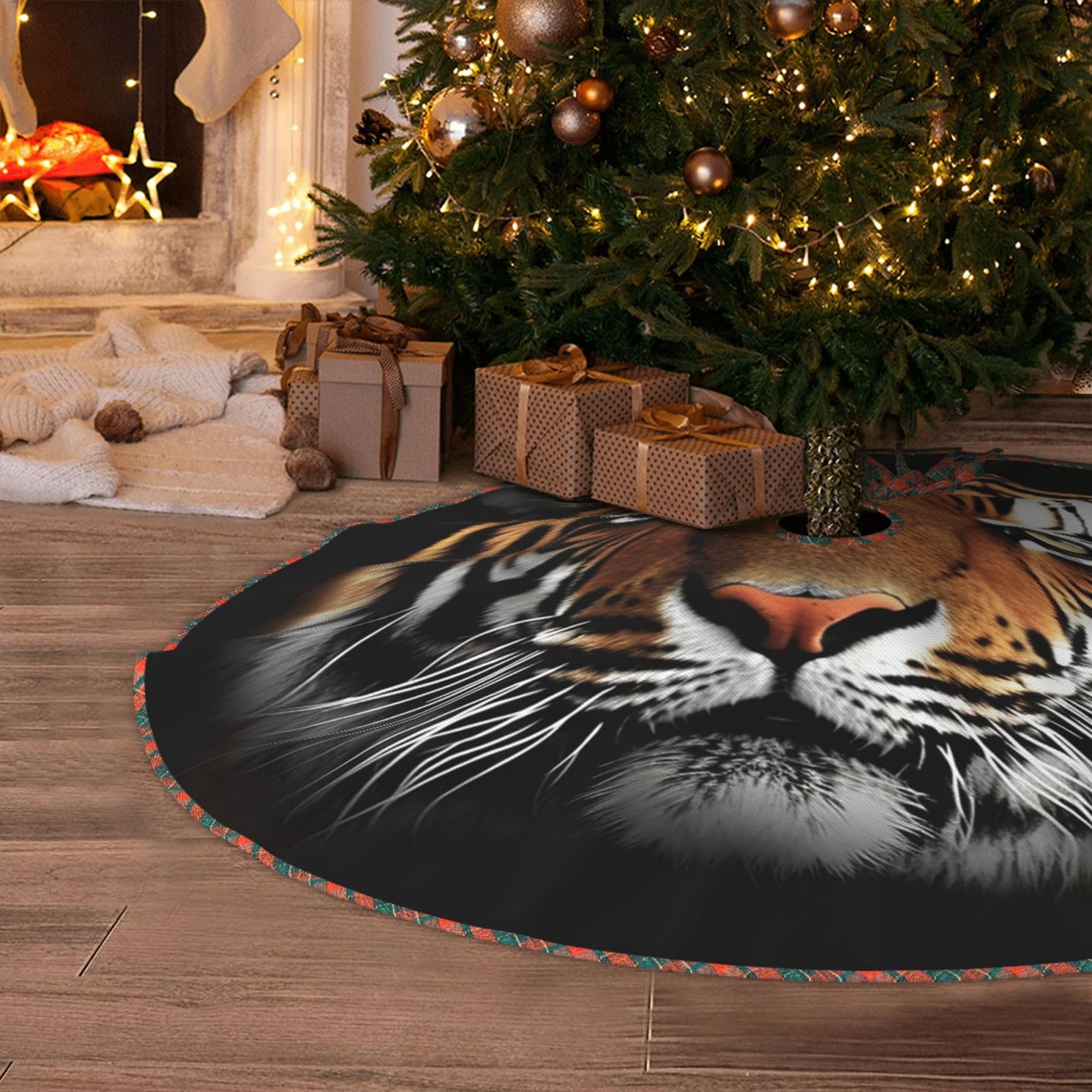 Tiger Face Christmas Tree Skirt 48" Artificial Tree Mat Cover Merry Christmas Burlap Xmas Tree Skirt for Christmas Decoration Holiday Indoor Outdoor Winter Party Decor