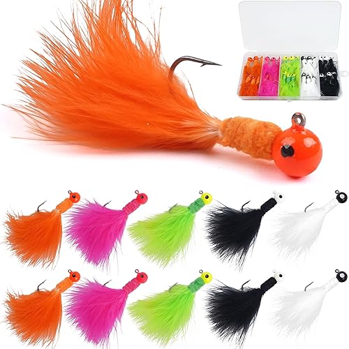 Crappie Jig - Señuelos de pesca, 30 piezas de plumas de marabú, anzuelos de pesca de mosca de hielo, atados a mano, 5 colores para peces de panfish