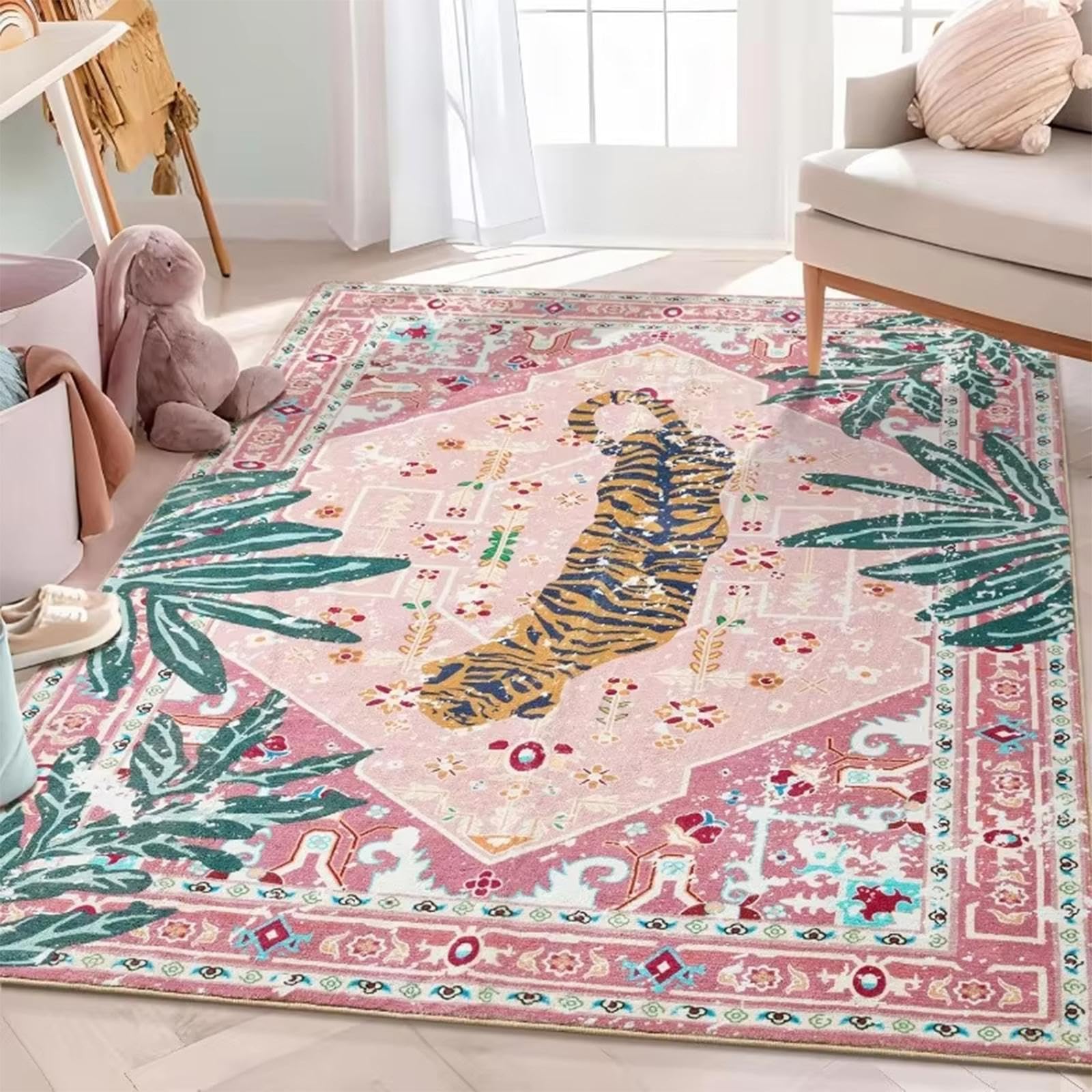 Tapis bohème 180 x 280 cm - Joli tigre rose - Tapis d'intérieur en fausse laine - Antidérapant et lavable - Tapis de sol à poils courts pour chambre d'enfant, chambre à coucher, salle de bain