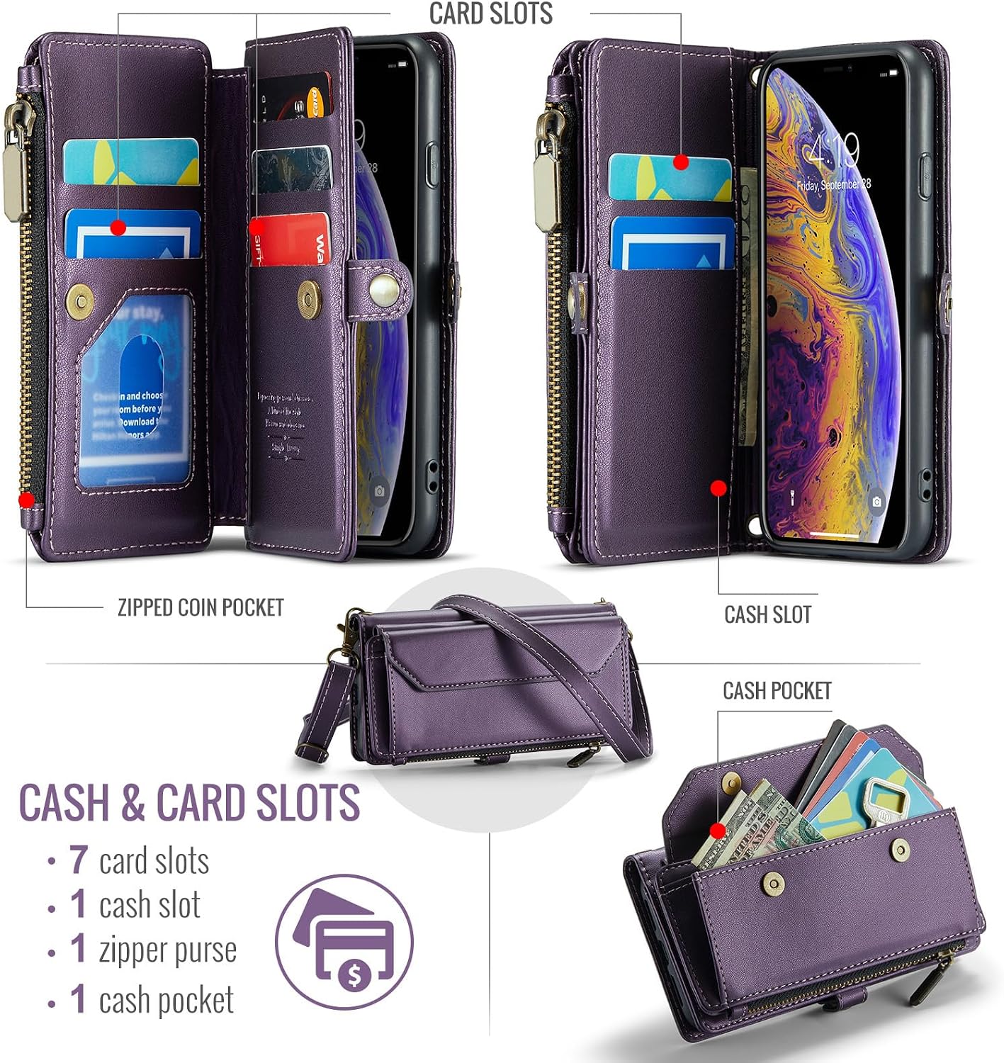 Asuwish Phone Case for iPhone Xs X 10 10s Zipper Wallet Cover with Tempered Glass Screen Protector Flip RFID Blocking Card Holder Cell iPhoneX iPhoneXs iPhone10 i PhoneX SX 10x 10xs X’s Women Purple
