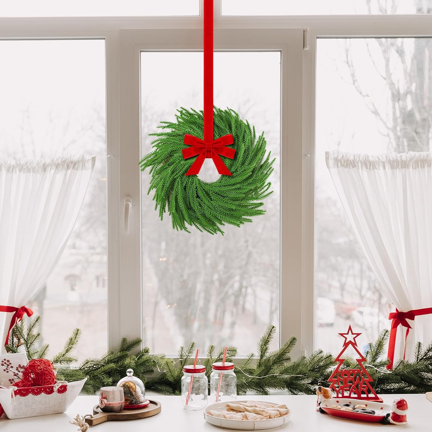 Hotop 4 Set Mini Christmas Wreath for Cabinet Kitchen Windows Decors Bulk with Red Bow Small Artificial Norfolk Farmhouse Wreaths with Berry Pine Cone for Fireplace Front Door Porch Wall Hanging