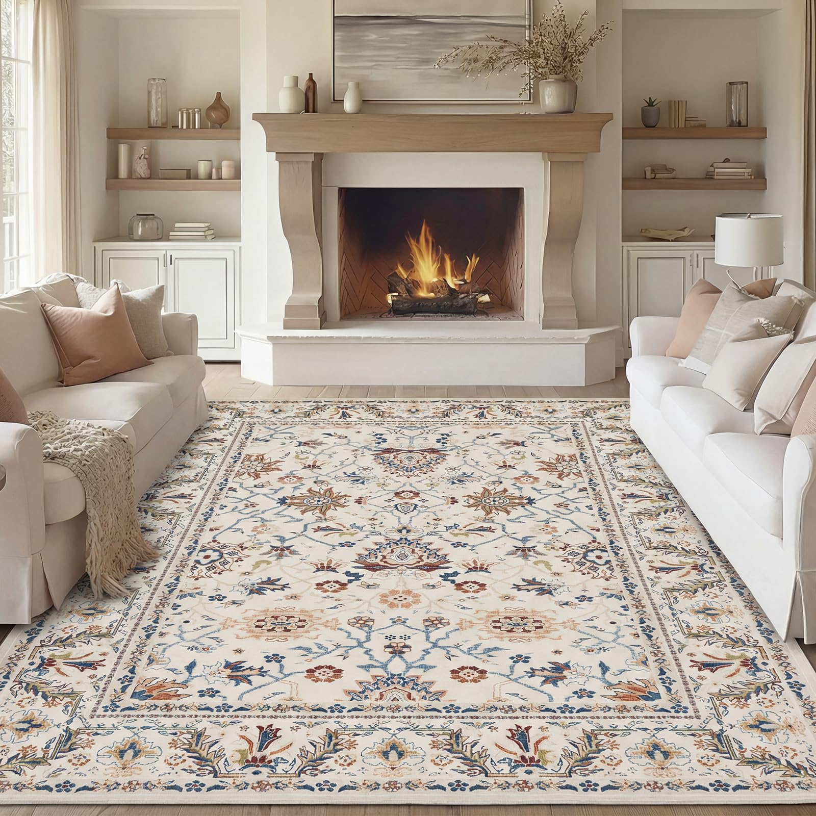 Warmstar Rugs Living Room 150x210cm,Washable Non Slip Area Rugs for Bedroom,Vintage Persian Floral Vine Faux Wool Low Pile Carpet for Living Room Bedroom Dining Room, Beige Multi