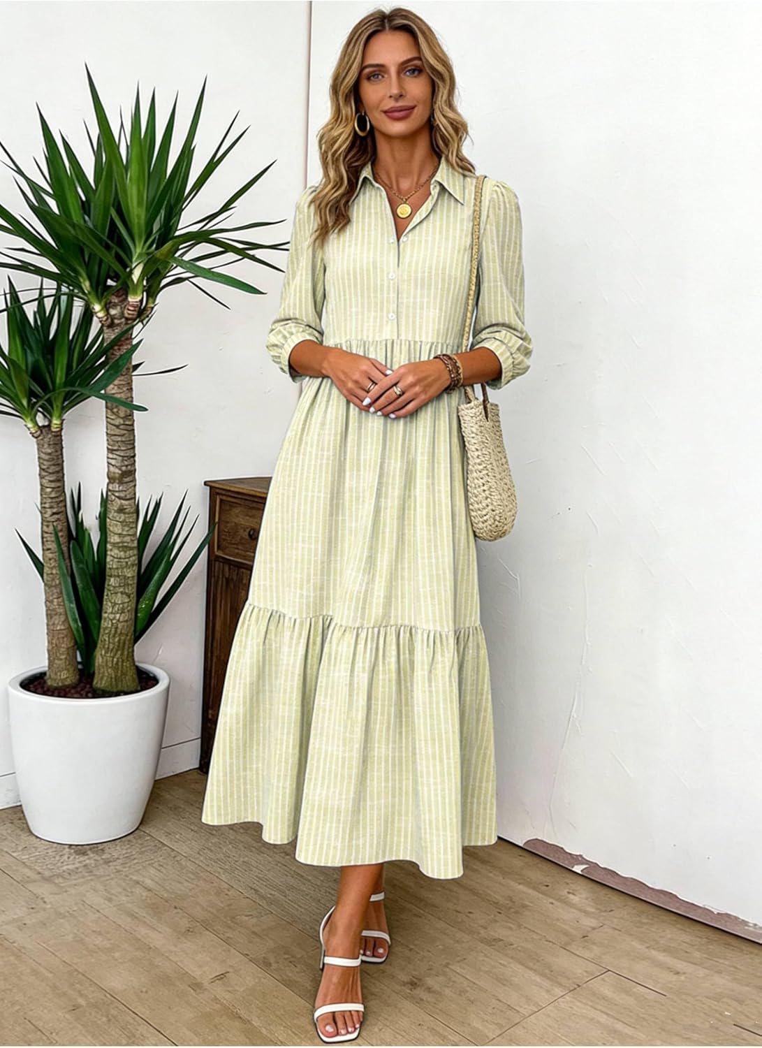 XNC Women's Blue and White Striped Shirt Maxi Dress 2026 Spring Fashion Collared Boho Breezy Print 3/4 Sleeve Long Dresses - Image 2