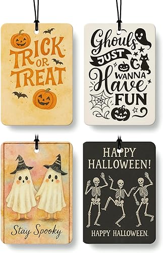Ambientador de coche lindo de Halloween, 4 piezas, diseño de calabaza retro espeluznante, fantasma, esqueleto humorístico, ambientador colgante para