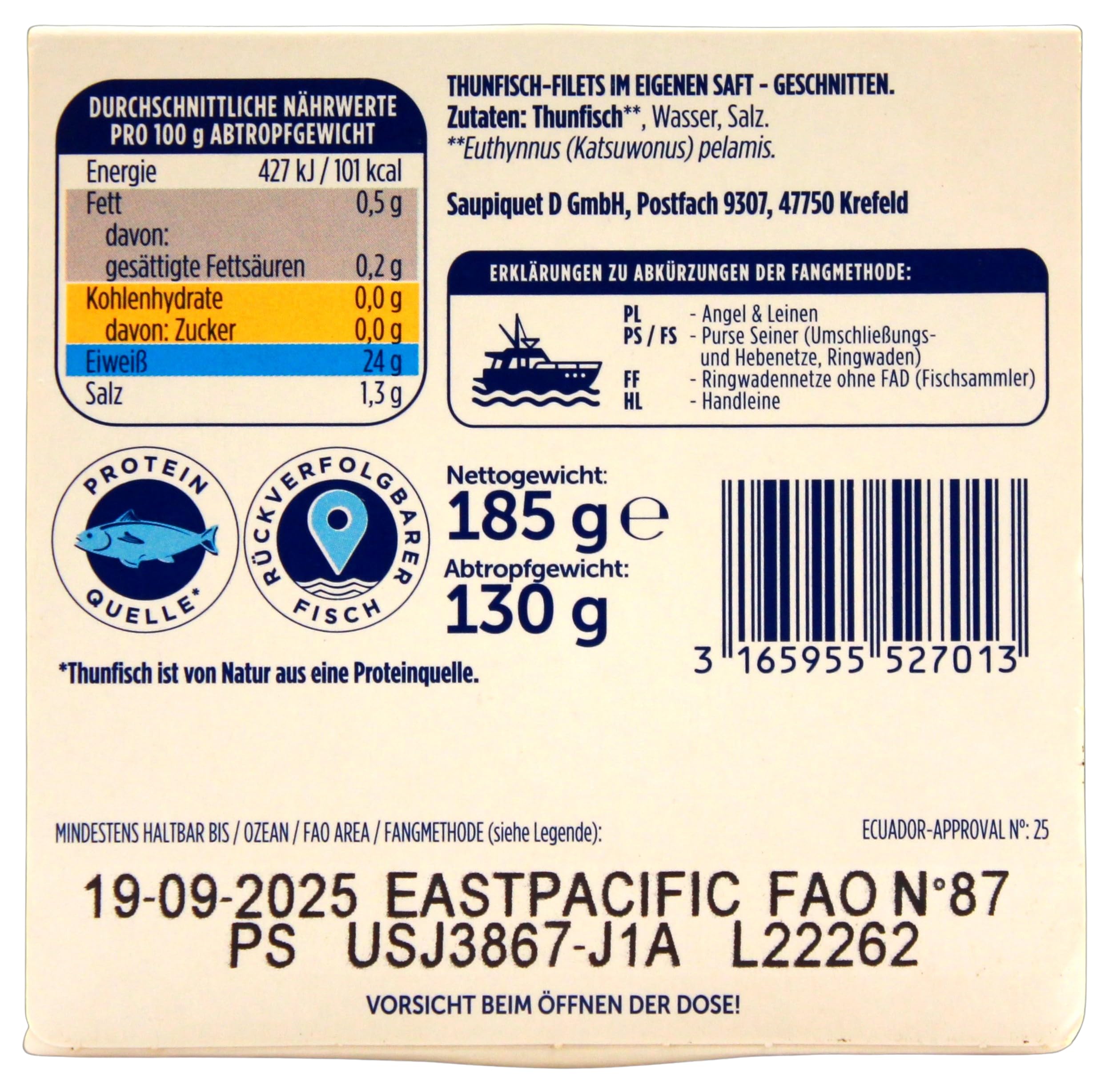 Saupiquet Thunfisch - filet Naturale ohne Öl, 16er Pack (16 x 185 g)