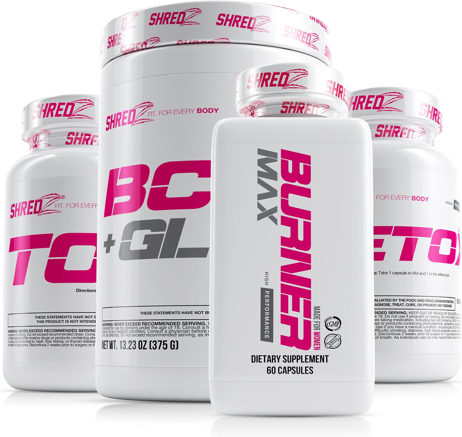 SHREDZ 30 Day Weight Loss Results Supplements Stack for Women, Clinically Tested Ingredients, Burner MAX, Toner, Detox, BCAA + Glutamine (Fruit Punch)