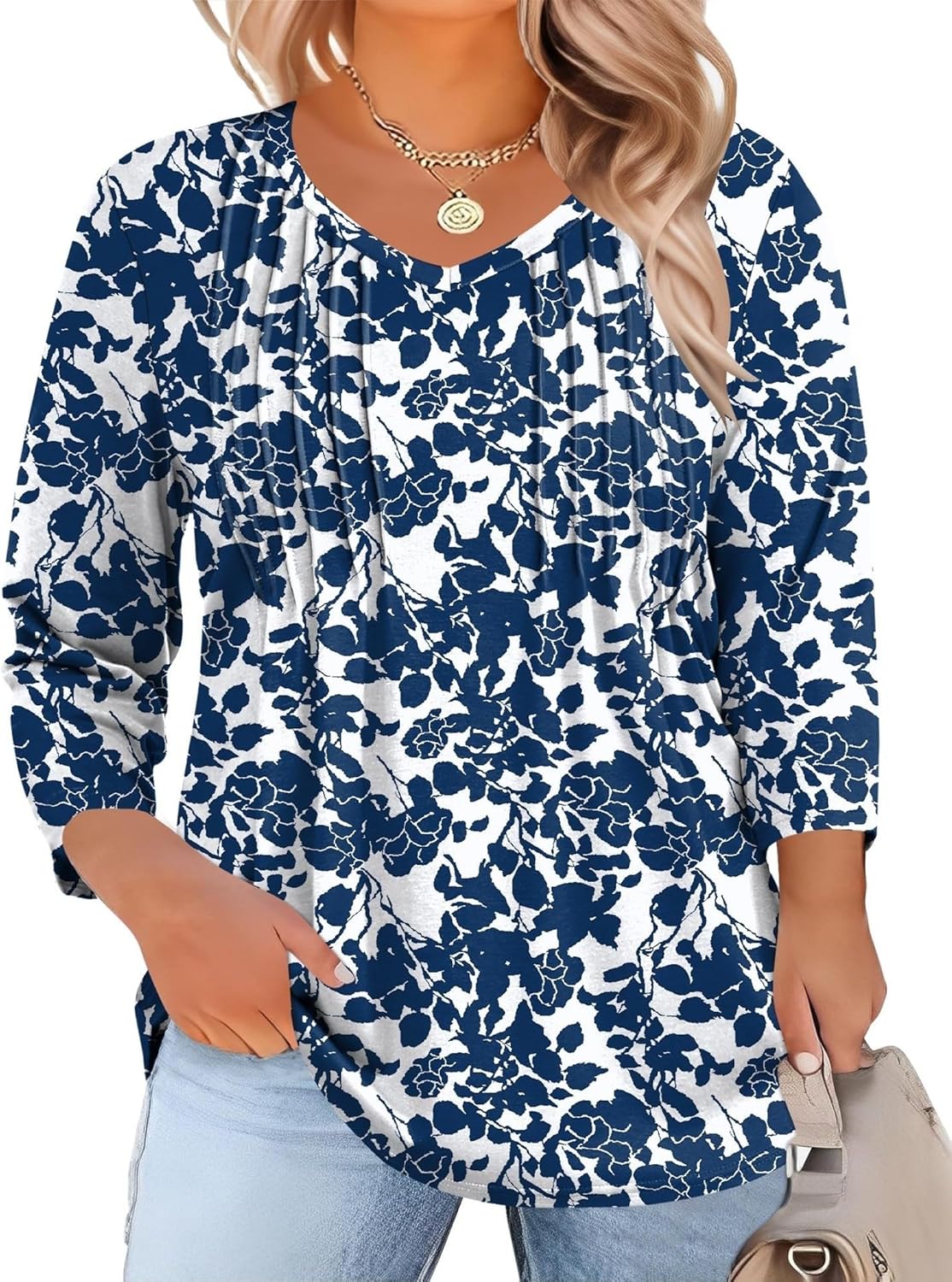 Romanstii Plus Size Tops for Women Womens 2026 Spring 3/4 Sleeve Blouses Dressy Casual V-Neck T-Shirts Pleated Tunic XL-5XL