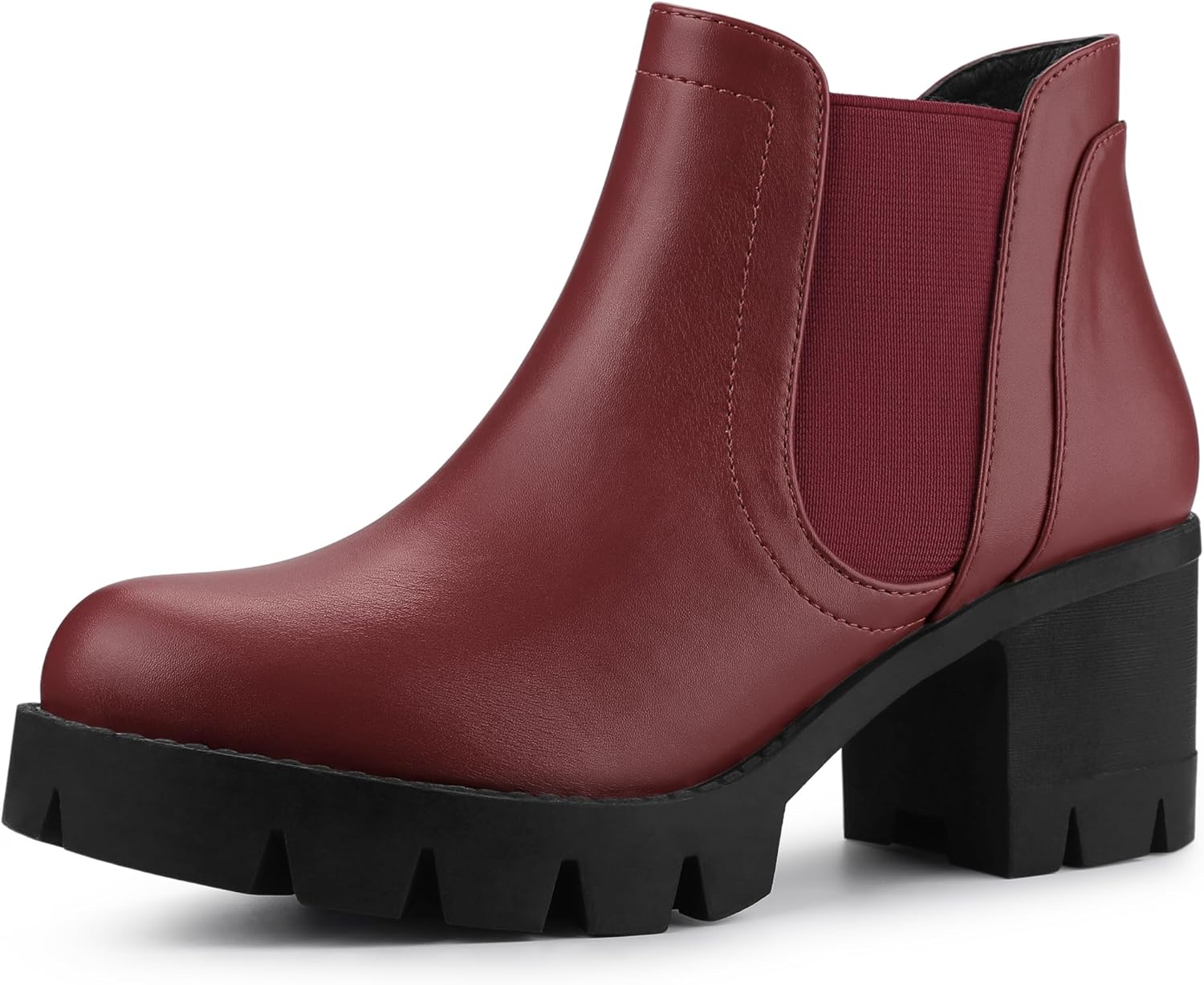 Allegra K Women's Lug Sole Chunky Heel Chelsea Burgundy Ankle Boots 7 M US