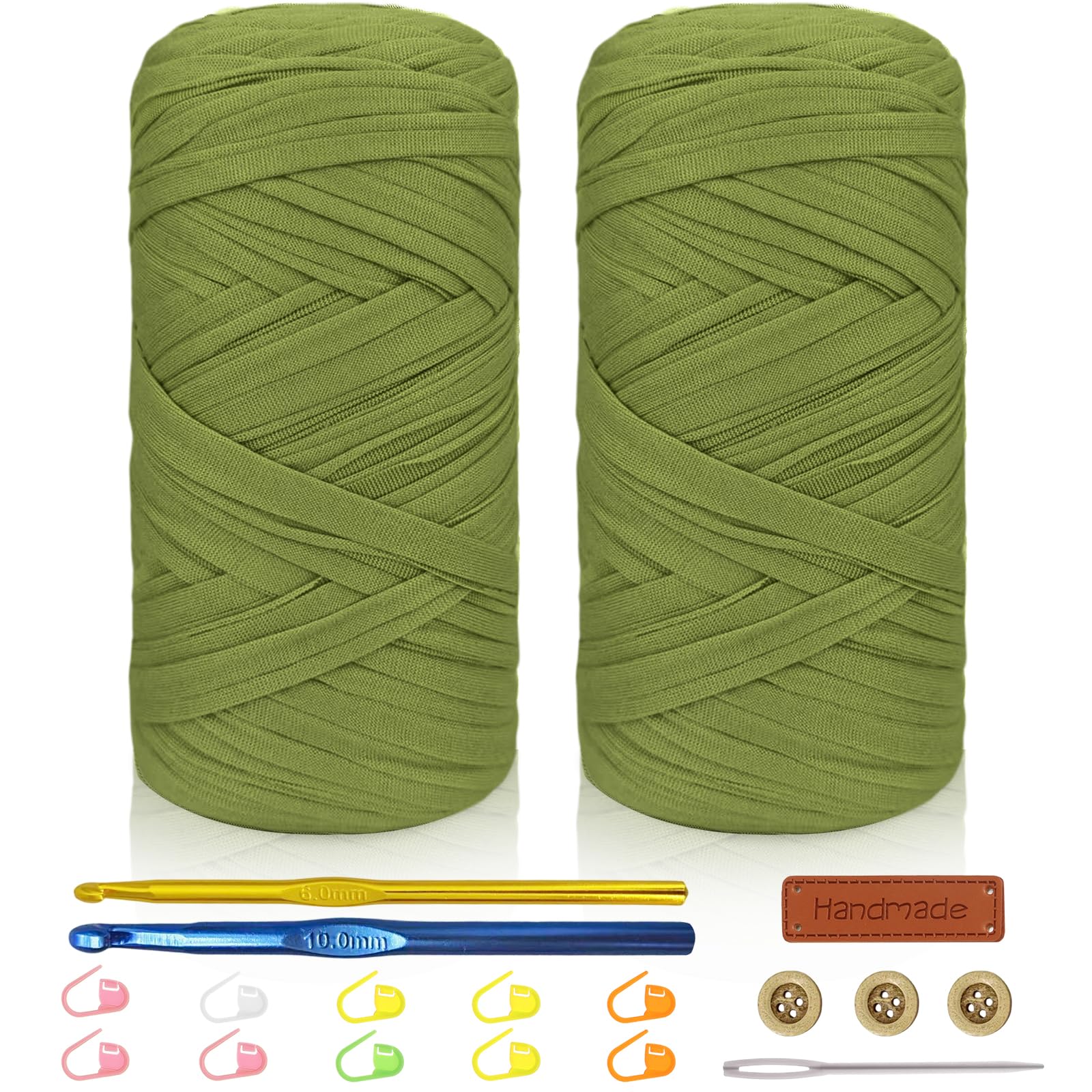 Tshirt Yarn Crochet Kit 2x200g Chunky Yarn for Crocheting with 6mm & 10mm Hooks + Accessories, Rich Color Combinations - Suitable for Beginners, Ideal for Making Bags, Home Decor（Avocado Green-2）