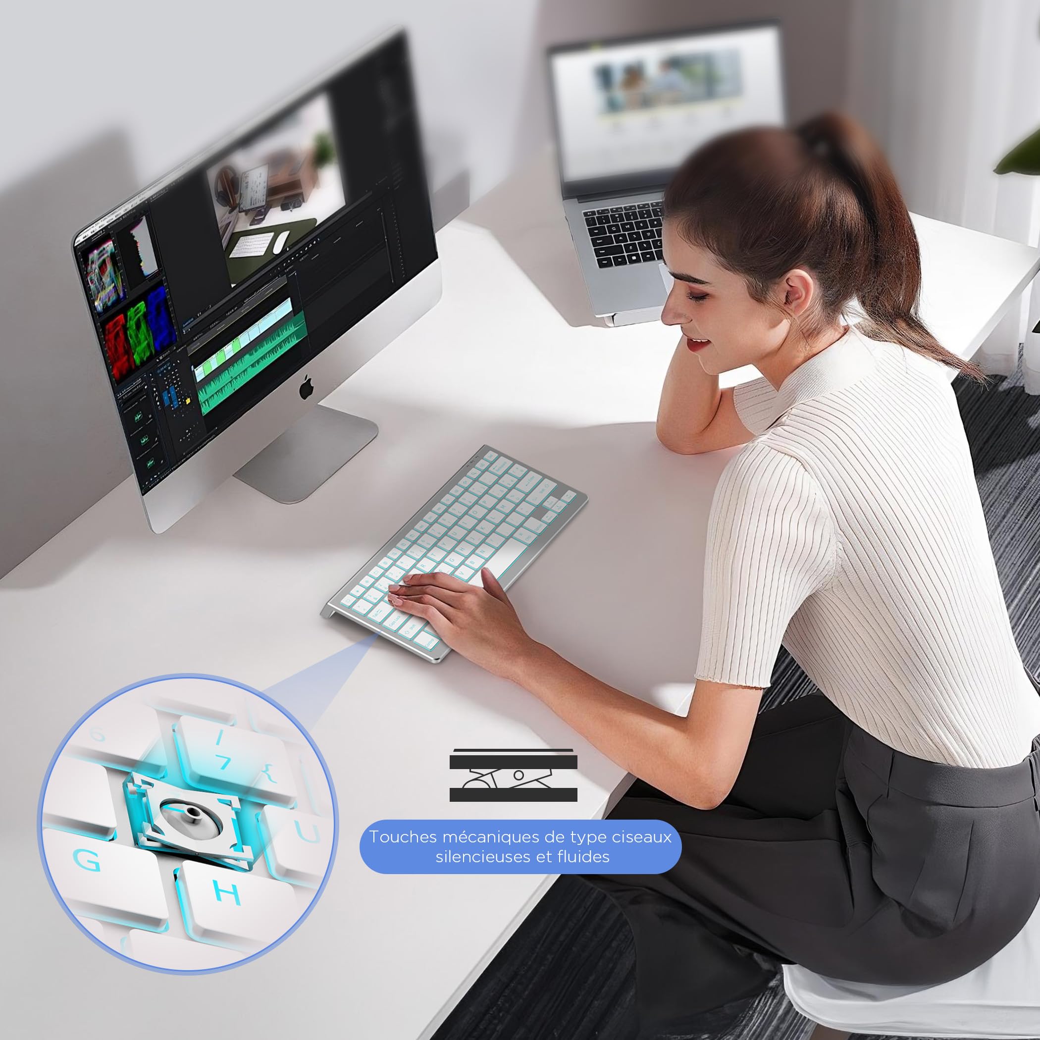 CACOE Clavier Bluetooth pour MacOS, iPadOS et iOS, Éclairage 7 Couleurs, Bluetooth 3 Canaux, pour iPad 10e Génération/iPad Air/Pro/Mac Mini, AZERTY Clavier Mac, Argent