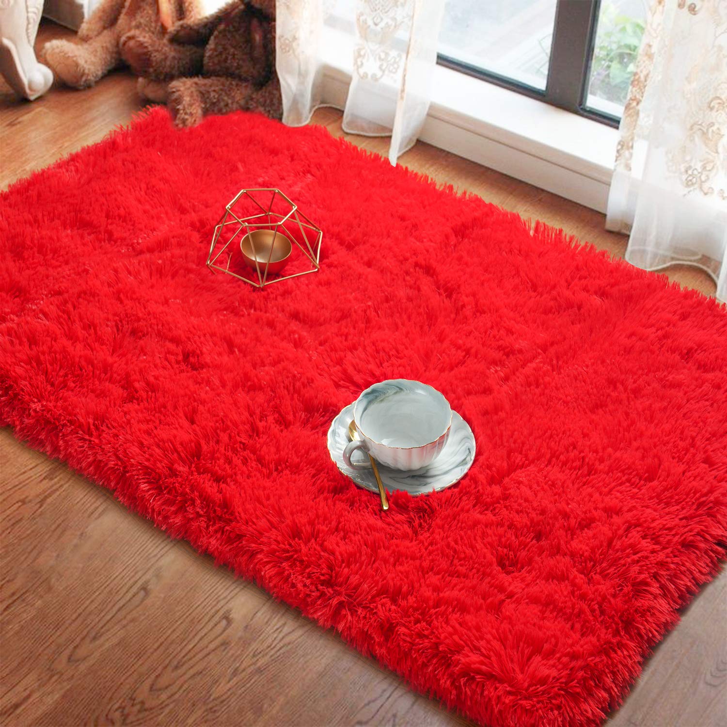 LOCHAS Ultra Soft Indoor Modern Fluffy Area Rugs Fluffy Living Room Carpets for Children Bedroom Home Decor Nursery Rug, 2x3 Feet Red